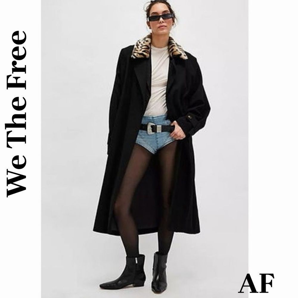 We The Free Need It Black Trench Coat with Leopard Print Collar in Medium New